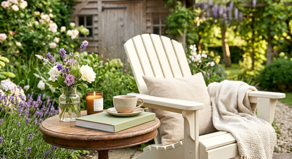Creme wit houtverf voor buitenstoel. Thorndown RAL 9001 voor tuinmeubels.
