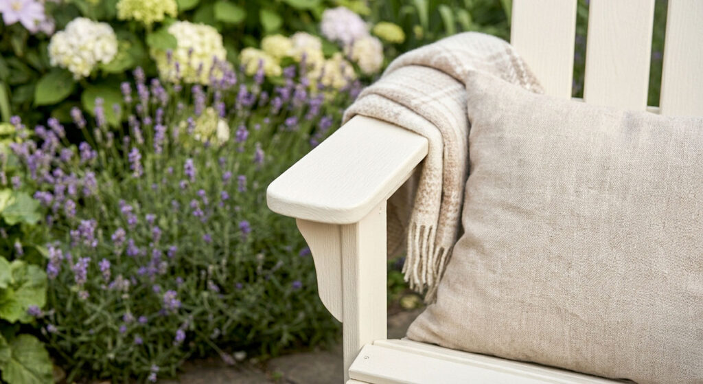 Creme wit houtverf voor houten stoel verven. RAL 9001 voor tuinstoel. Thorndown Houtverf.